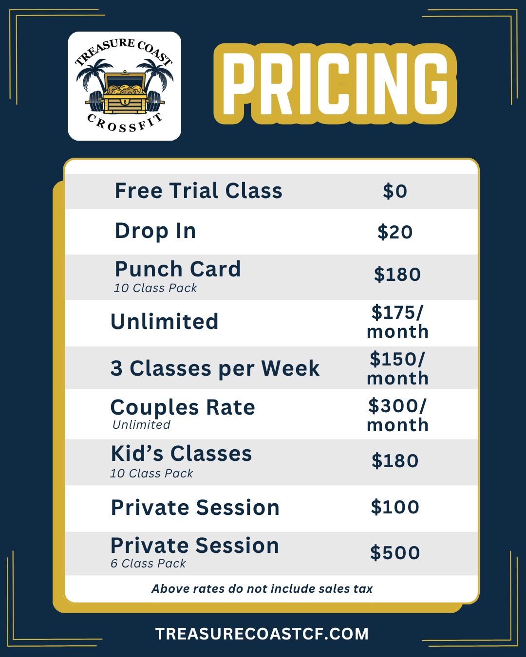 Pricing menu for Treasure Coast CrossFit, including options like free trial, drop-in, punch card, unlimited classes, weekly classes, couples rate, kids classes, private sessions, with prices listed. The logo features a treasure chest, palm trees, and the text 'Treasure Coast CrossFit.'