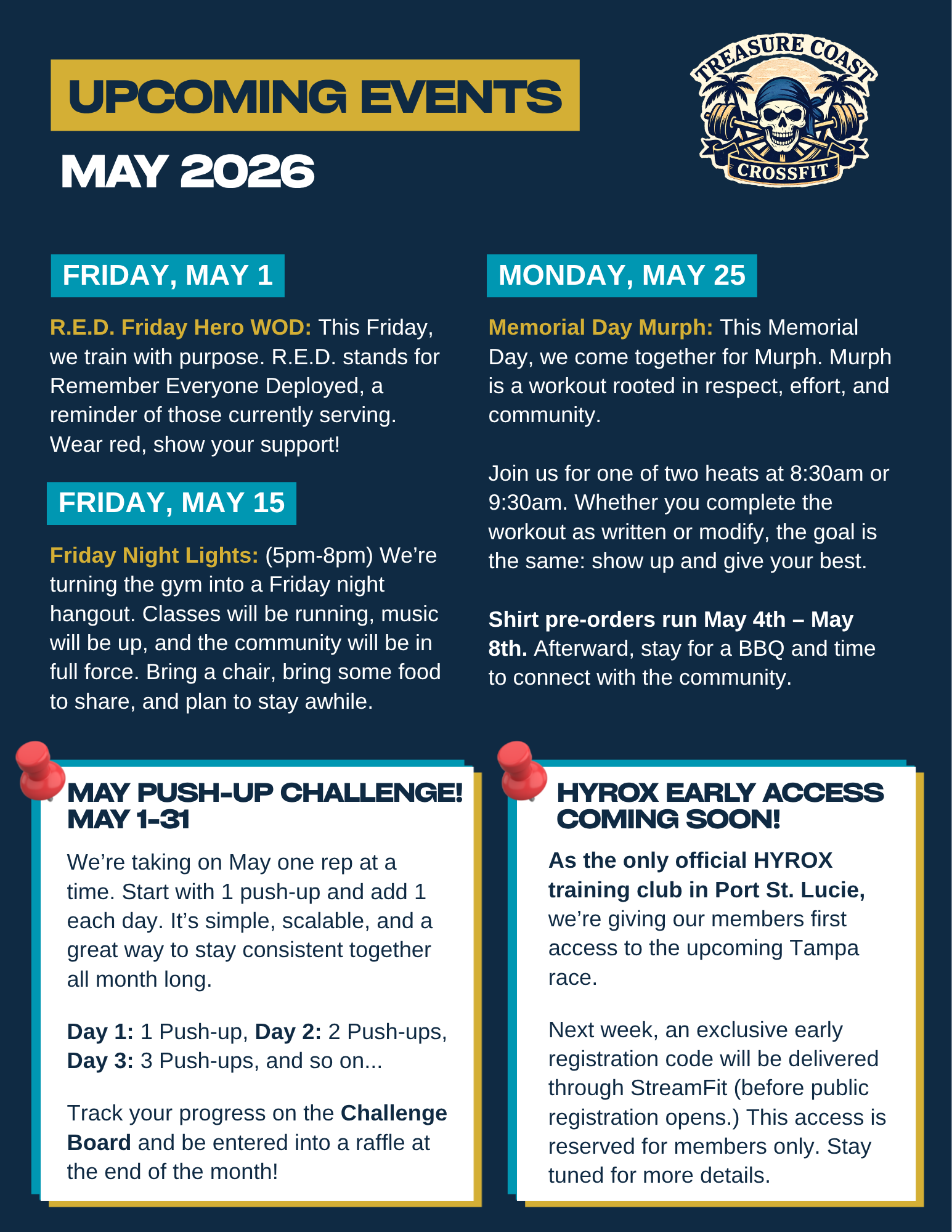 Announcement for upcoming CrossFit events in May 2026, including dates and descriptions of different activities and challenges at Treasure Coast CrossFit.