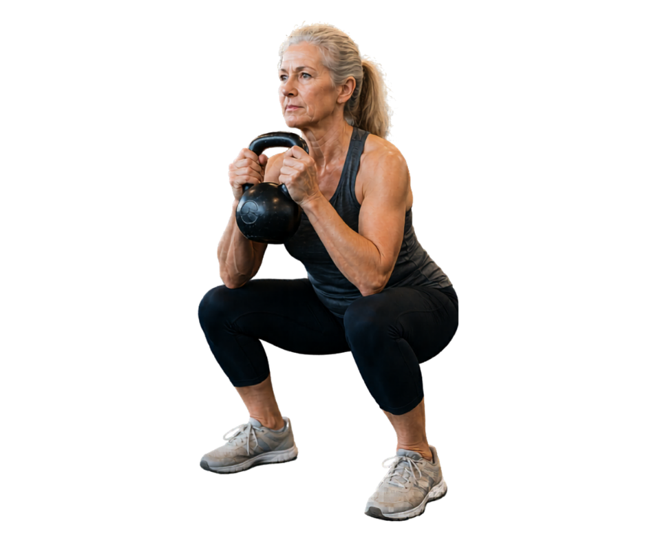 An elderly woman with gray hair tied back, wearing a black athletic tank top, black leggings, and gray sneakers, performing a squat while holding a black kettlebell in front of her chest.