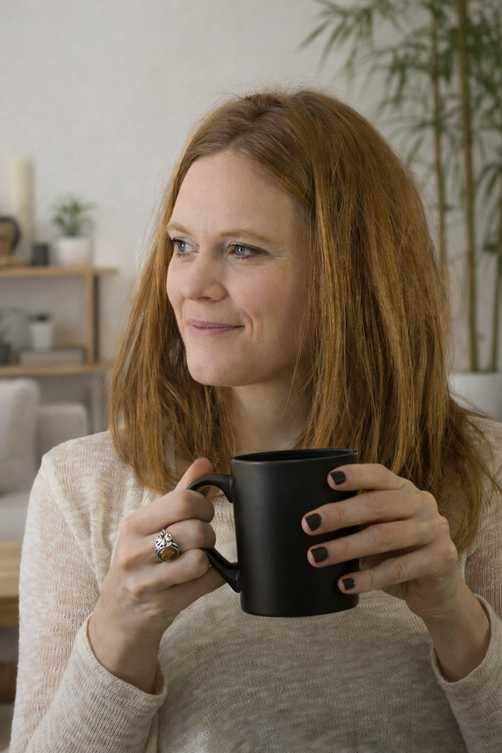 Une femme aux cheveux roux tient une tasse noire dans ses mains et sourit doucement, dans un intérieur moderne et épuré.