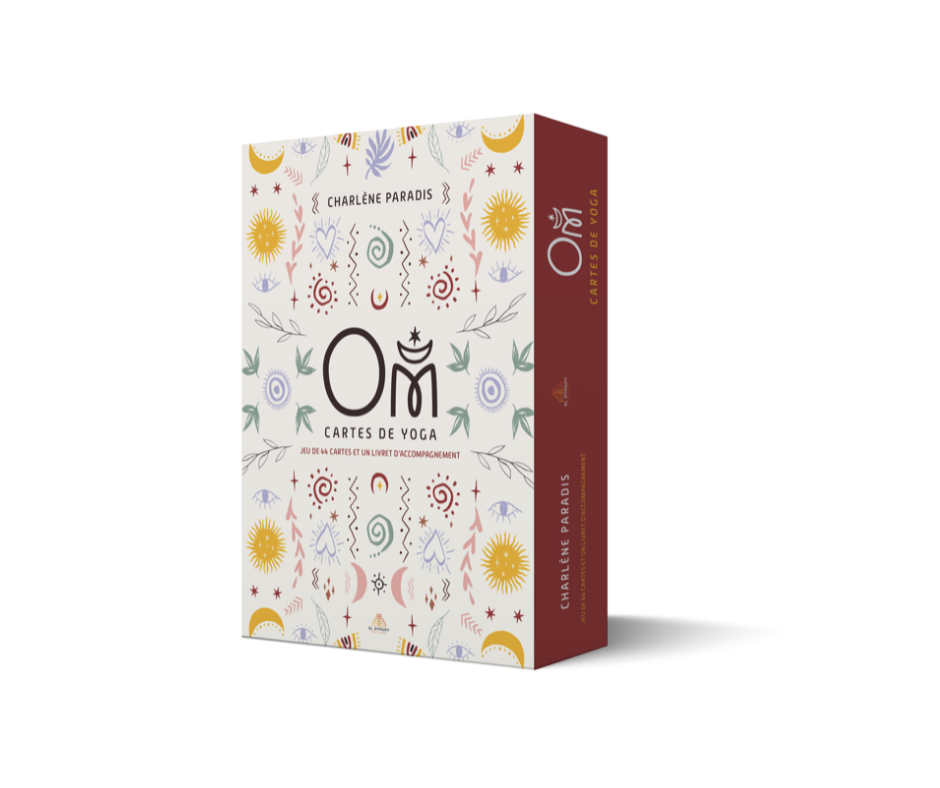 Une boîte de cartes de yoga intitulée 'OM' par Charlène Paradis, décorée de dessins colorés et symboliques.
