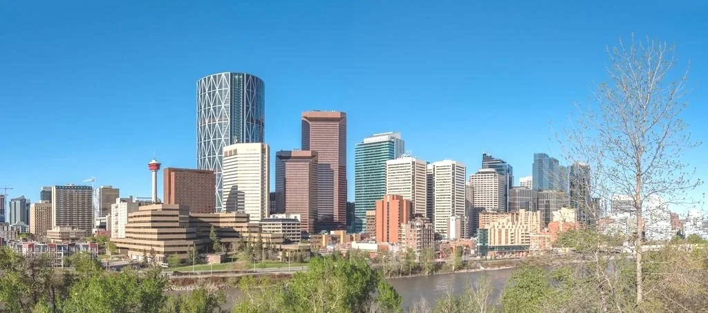 A city skyline with tall modern skyscrapers near a river, with trees in the foreground and a clear blue sky.