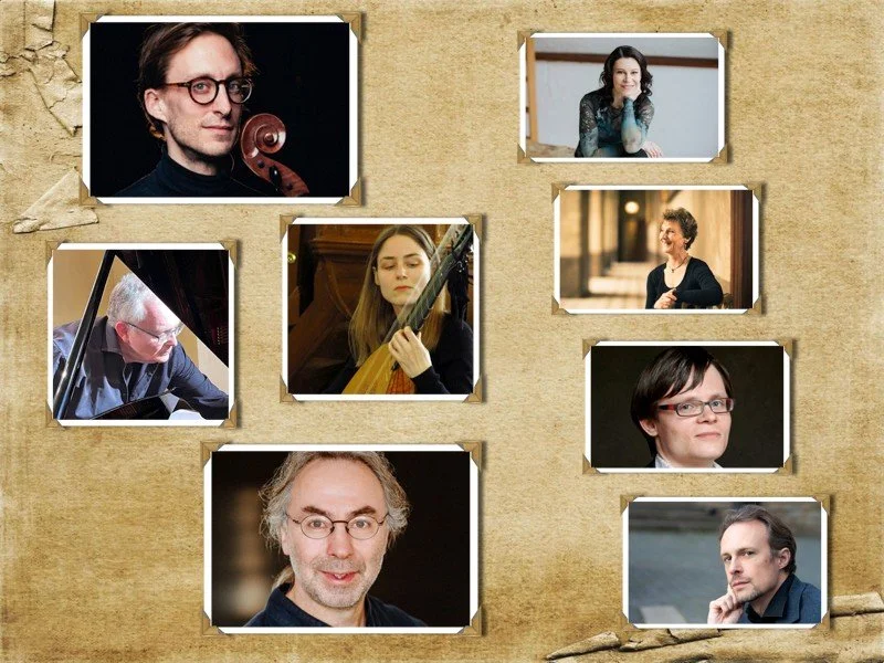 Collage von sechs Porträtfotos von Musikern, darunter ein Cellist, eine Harfenistin, ein Pianist, eine Sängerin, eine Musikerin mit Brille und ein männlicher Musiker mit dunklem Hintergrund.