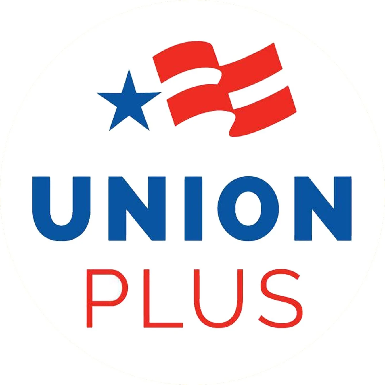 Political campaign button with a red, white, and blue color scheme, featuring a star and a stylized waving flag, with the words 'UNION PLUS' in bold blue and red letters.