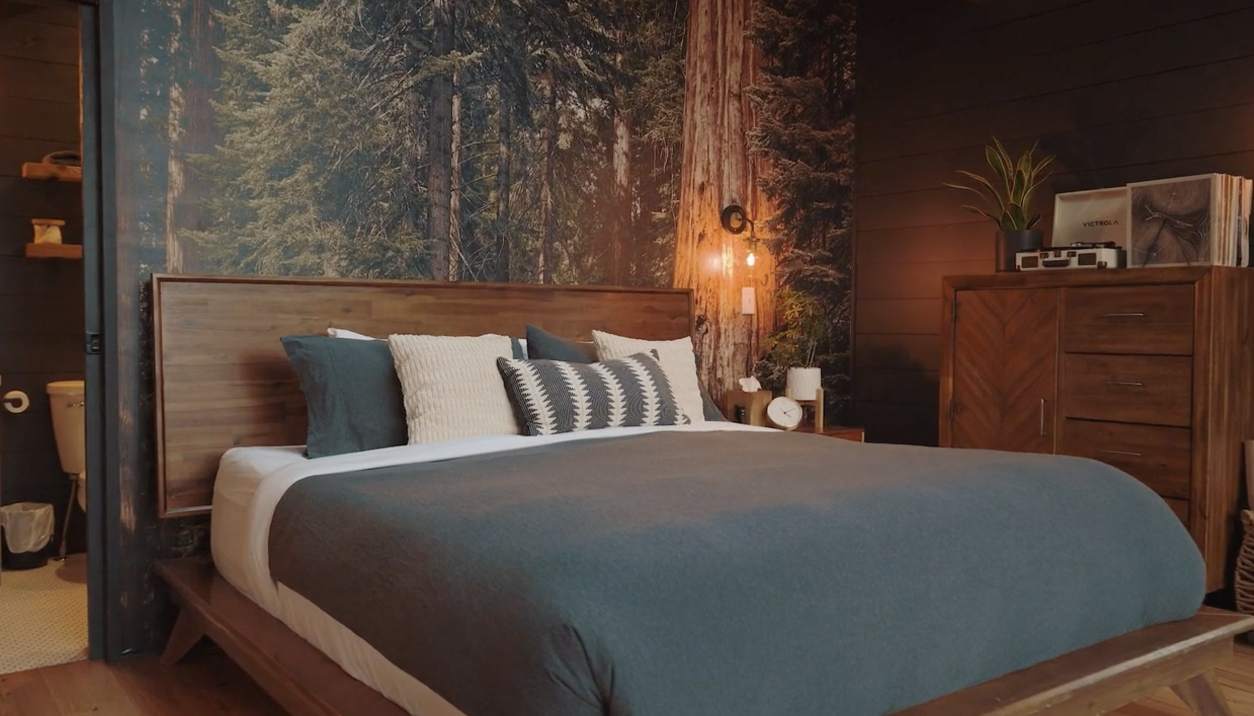 A bedroom with a wooden bed frame, blue and beige pillows, and a mountain-themed mural on the wall behind the bed. There is a wooden dresser with records and a potted plant on top, and a nightstand with a lamp, clock, and plant. A partial view of a b