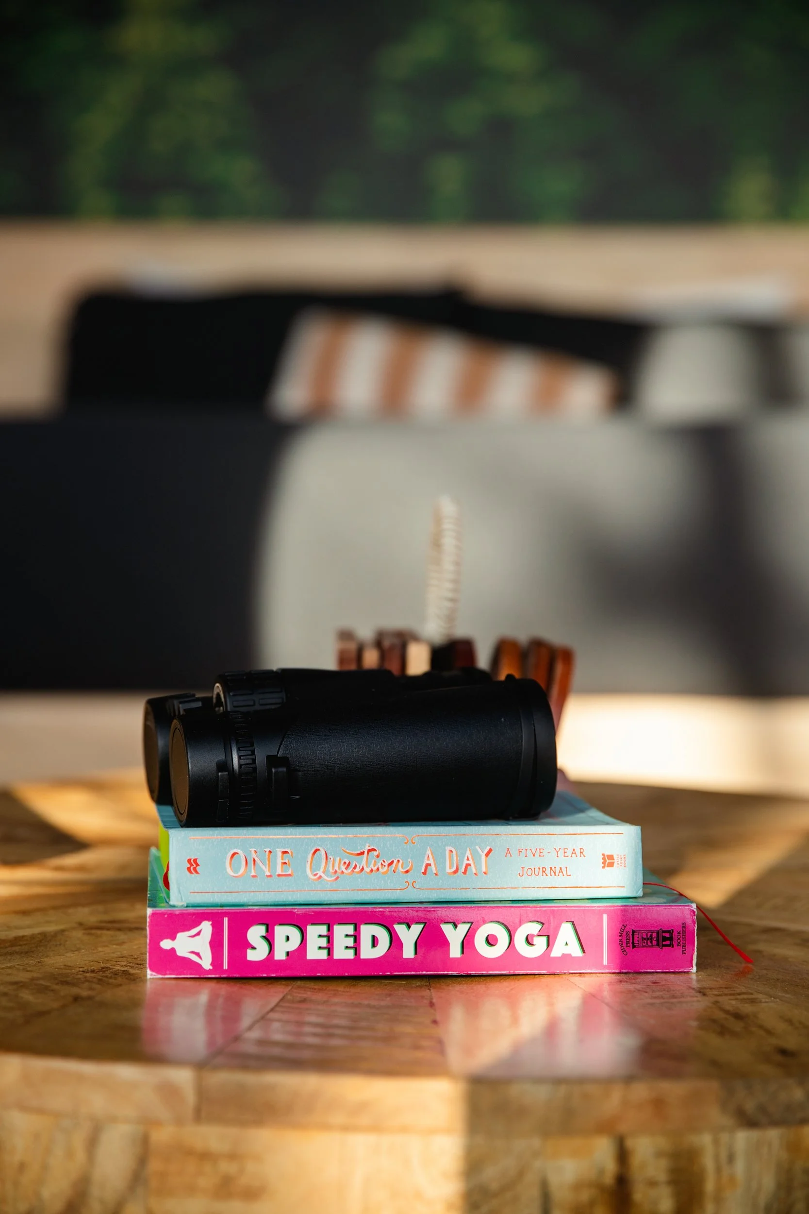 Stack of two books on a wooden table with a black camera lens on top, the top book titled "One Question a Day" and the bottom book titled "Speedy Yoga." In the background, there is a blurred view of a kitchen or office with a wooden desk and chairs, 