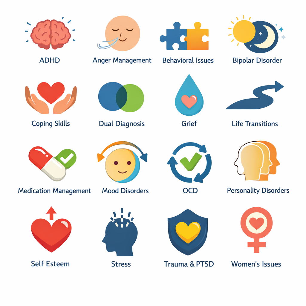 A colorful infographic depicting various mental health topics such as ADHD, anger management, behavioral issues, bipolar disorder, coping skills, dual diagnosis, grief, life transitions, medication management, mood disorders, OCD, personality disorders, self-esteem, stress, trauma and PTSD, and women's issues, represented by icons and labels.