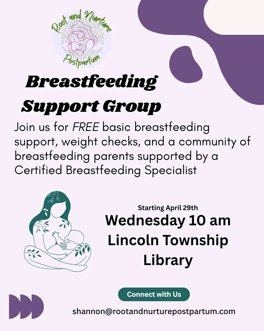 TODAY - join the breastfeeding group at Lincoln Township Library! Head to the Quiet Reading Room in the back with your baby ready to eat. Older siblings and support people are welcome.