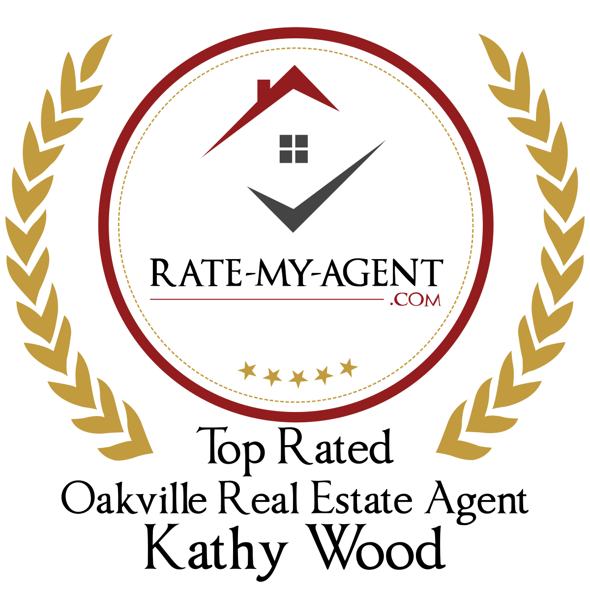 Logo featuring a house roof on top of a clock with the text 'Rate-My-Agents.com' and decorative laurel branches.