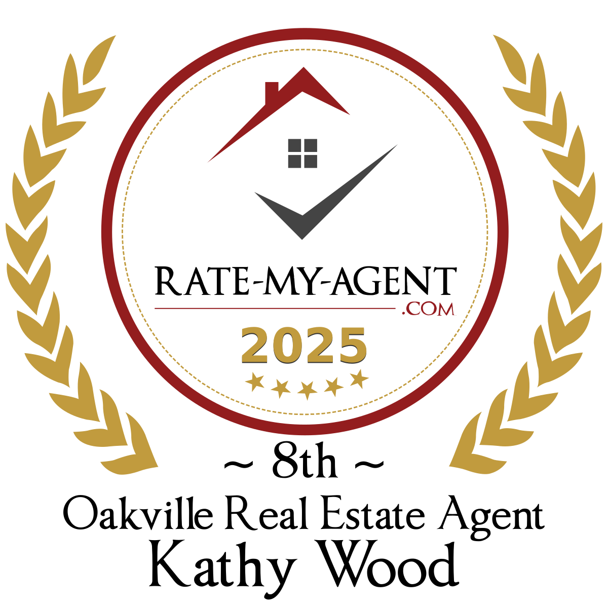A badge or award emblem for Rate-My-Agent.com, 2025, with a clock and house icon, surrounded by a laurel wreath, in gold, red, black, and white colors.
