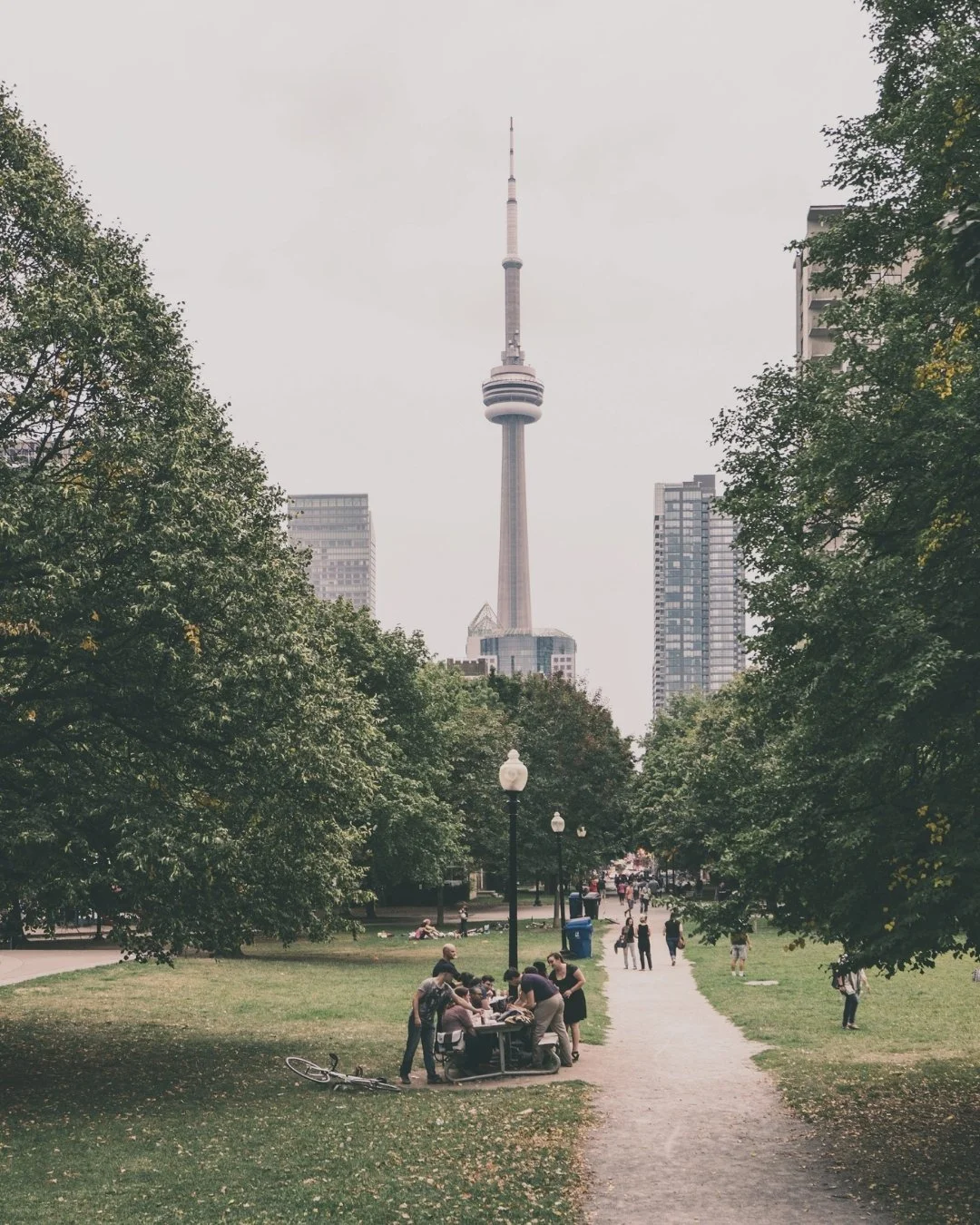 Park scene with people gathered around a table, lush green trees on either side, and the CN Tower towering in the background in Toronto, Canada.