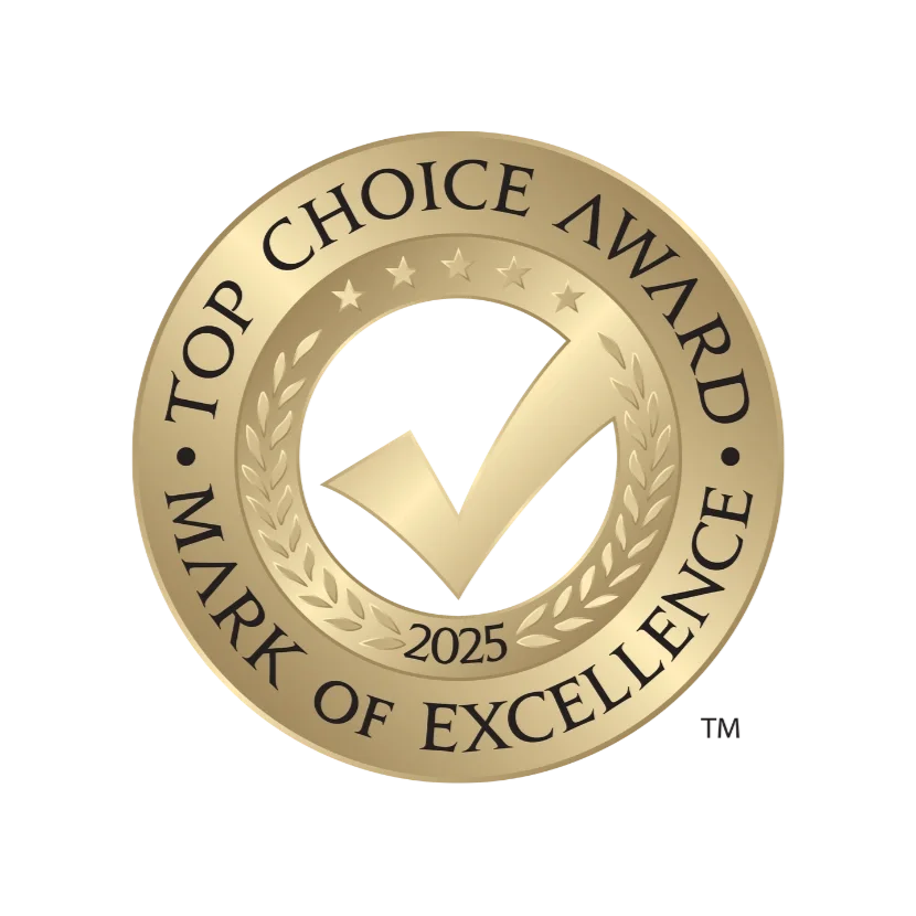 Gold circular badge with check mark in the center, encircled by a laurel wreath, reading 'Top Choice Award' and 'Mark of Excellence', with the year 2025 at the bottom.