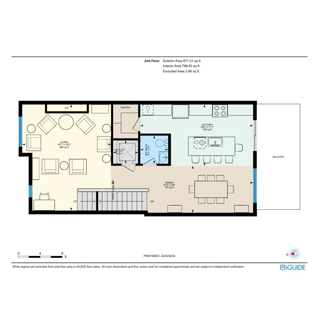 Floor plan of a 2nd floor apartment showing a living room, kitchen, dining area, bathroom, pantry, and balcony with various furniture and appliances.