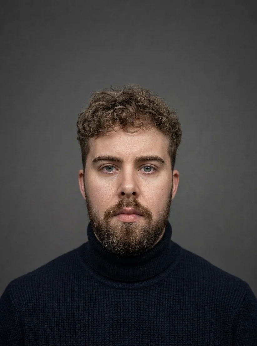 Porträt eines jungen Mannes mit braunem, lockigem Haar, Bart und blauen Augen, trägt einen schwarzen Rollkragenpullover vor grauem Hintergrund.