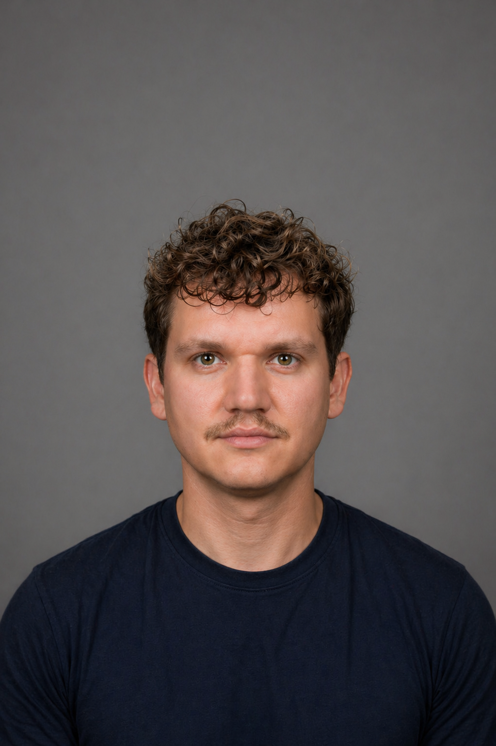 Porträt eines Mannes mit braunen, lockigen Haaren, hellen Augen vor grauem Hintergrund.