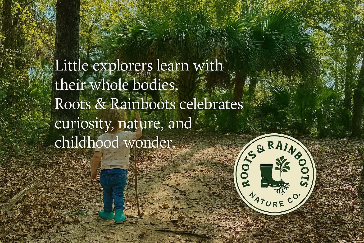 A child exploring nature on a forest trail, with trees and lush greenery in the background. Overlaid text reads: 'Little explorers learn with their whole bodies. Roots & Rainboots celebrates curiosity, nature, and childhood wonder.' The Roots & Rainboots Nature Co. logo features a boot with a plant growing from it.