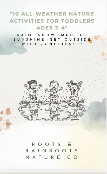 Cover page for a guide titled '10 All-Weather Nature Activities for Toddlers Ages 2-4' with a subtitle encouraging outdoor activity in any weather, featuring a black-and-white drawing of three children playing in a puddle, with watercolor splashes in pastel colors in the background.