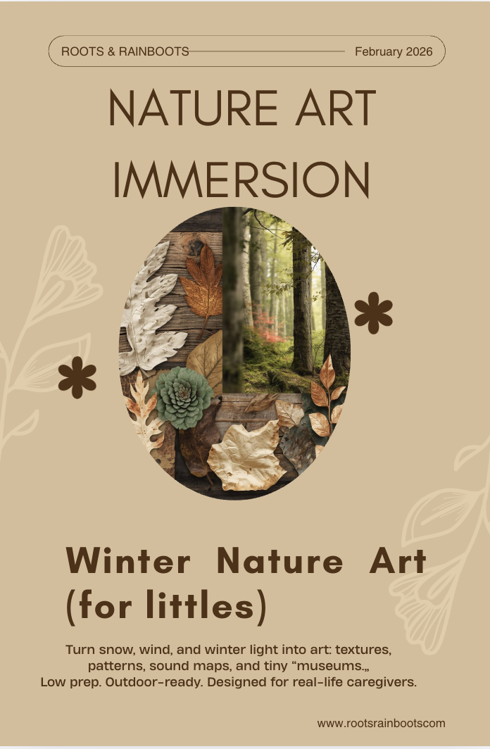 Magazine cover titled "Nature Art Immersion" with a beige background, featuring an oval image of forest scenery and autumn leaves, promoting winter nature art activities for children.