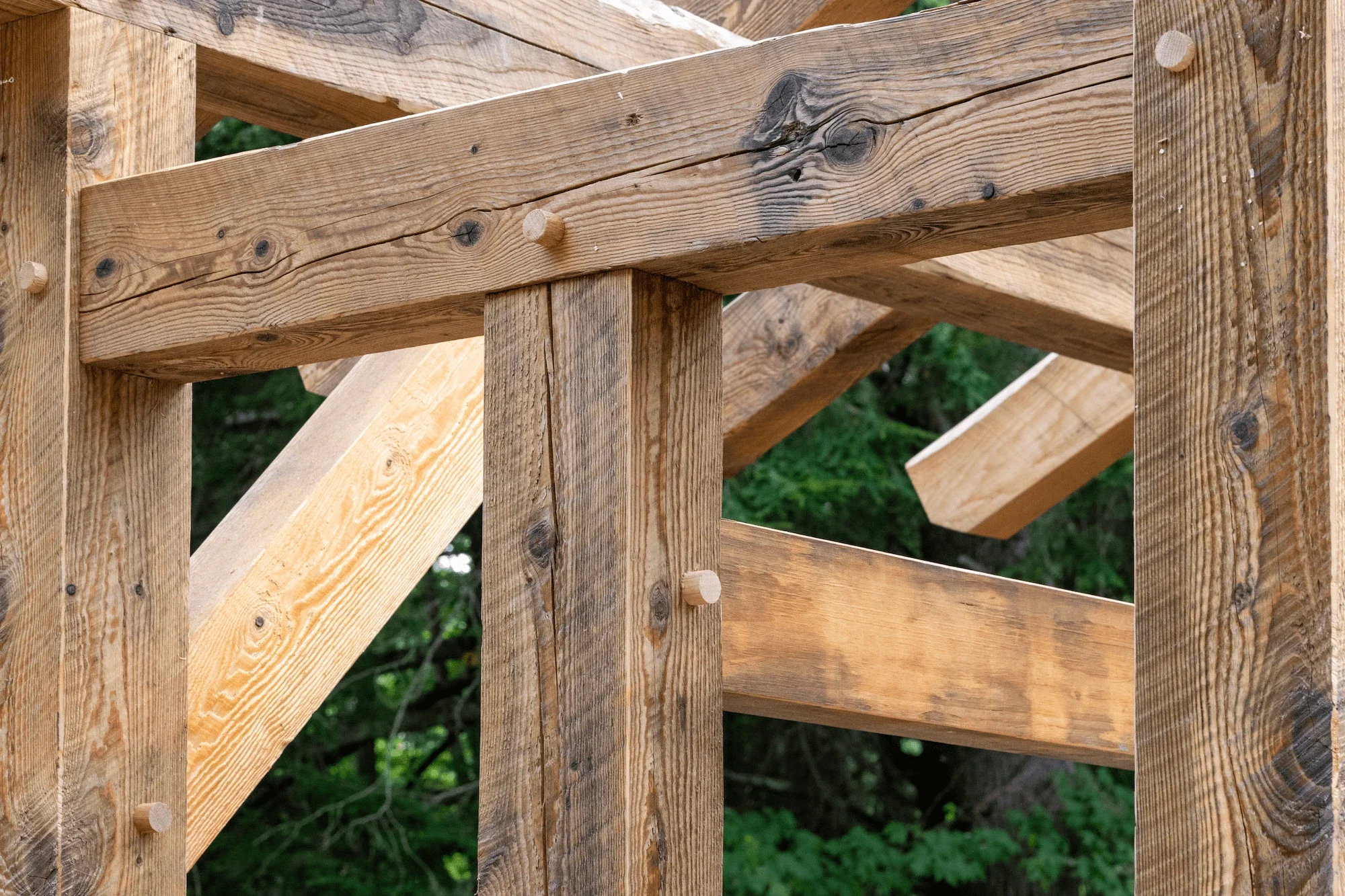 Close-up of a wooden structure under construction, showing framing with vertical and horizontal beams, some beams with visible knots and wood grain.