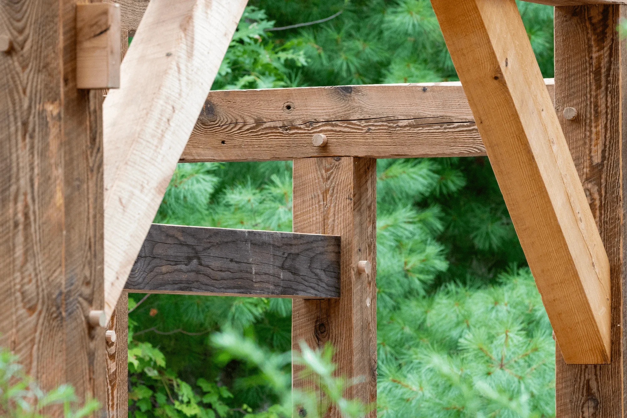 Close-up of a wooden structure under construction with green foliage in the background.