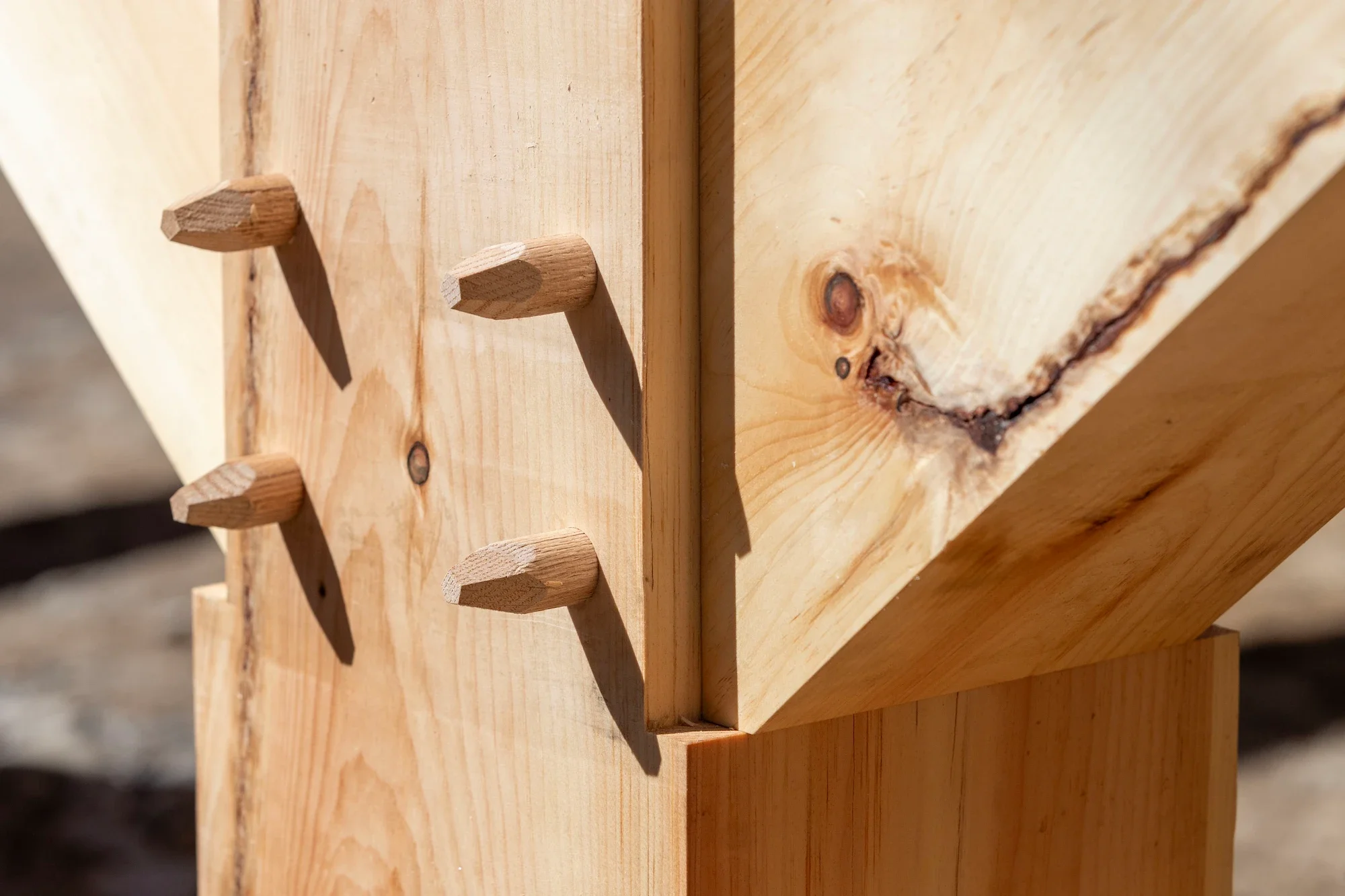Close-up of a wooden piece with protruding pegs and a natural wood grain pattern.