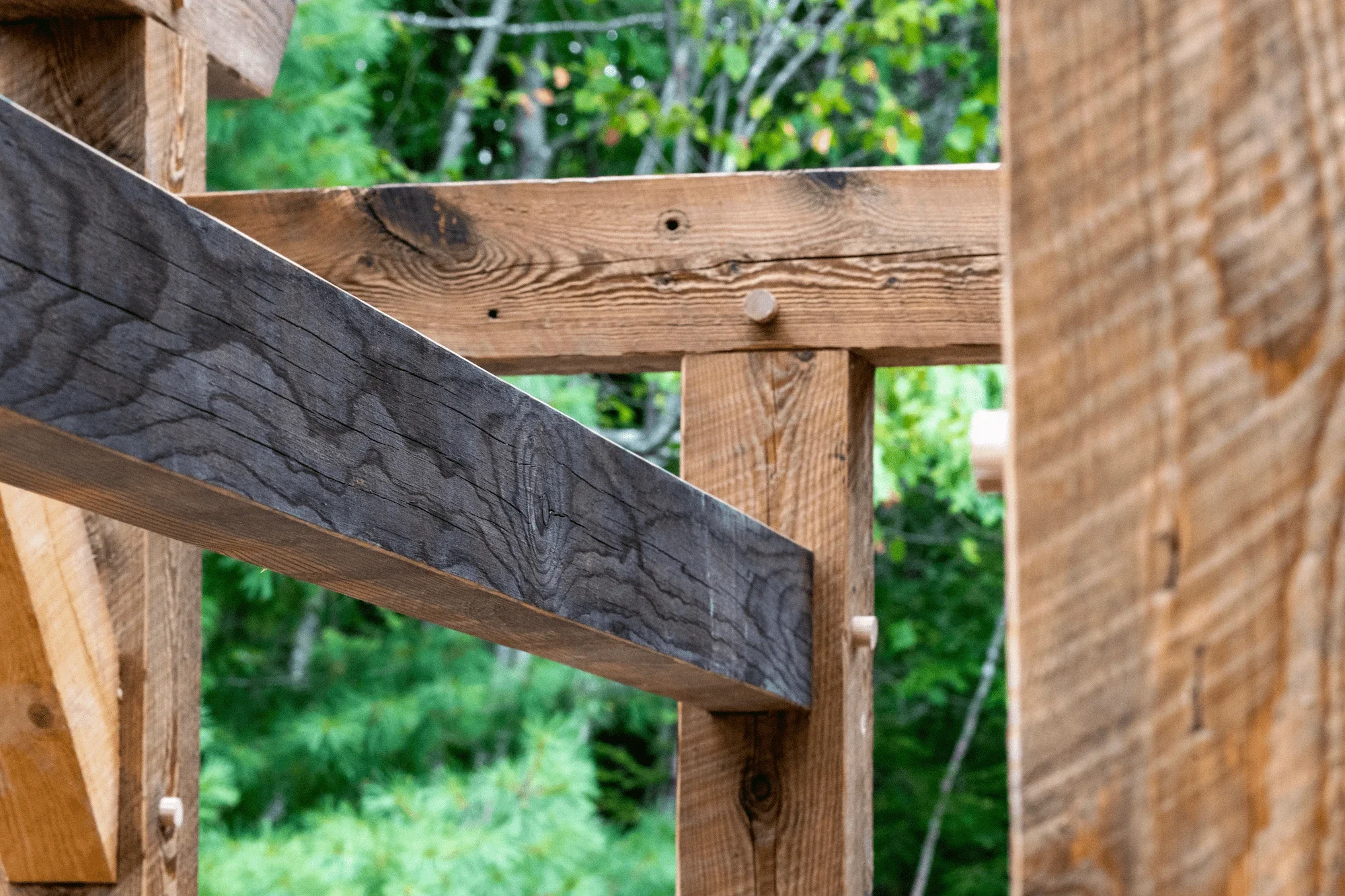 Close-up of a wooden structure under construction, showing a diagonal dark gray timber beam attached to vertical and horizontal light brown wooden planks, with green leafy trees in the background.