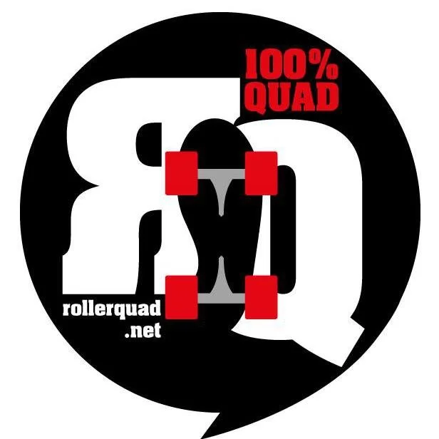 A logo with a speech bubble shape featuring stylized text and graphics promoting a skateboard truck product. The text includes '100% QUAD' in red at the top right, 'rollerquad.net' at the bottom left, and the background displays a skateboard truck schematic with red highlights.