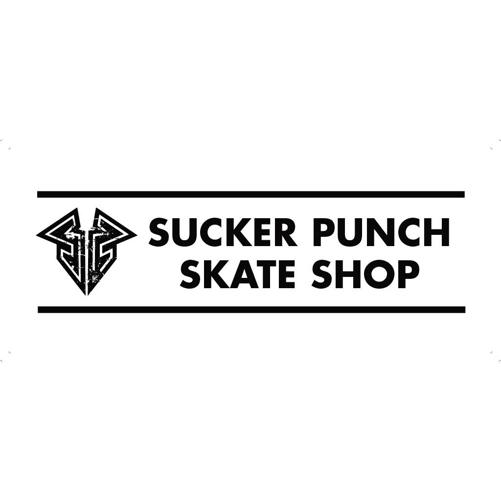 Logo for Sucker Punch Skate Shop featuring a stylized skull with geometric patterns, with the shop name written in bold black letters.
