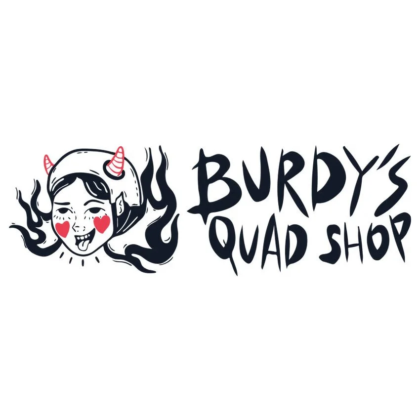 Logo of Jay Burdy's Quad Shop featuring a cartoon woman with devil horns and long hair.