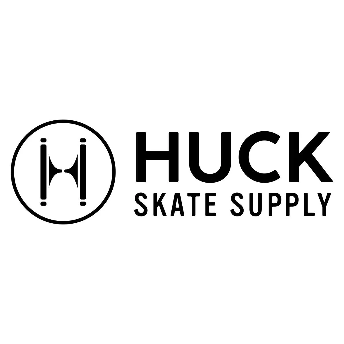Logo for Huck Skate Supply featuring a circular emblem with a stylized skateboard truck inside, and the words "Huck Skate Supply" next to it in bold.