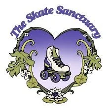 Logo of The Skate Sanctuary featuring a heart-shaped design with a roller skate in the center, surrounded by decorative leaves and flowers.