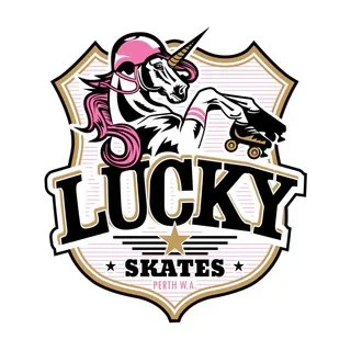 A unicorn with a pink mane wearing sunglasses, skating, on a shield-shaped background with 'LUCKY SKATES' text underneath.