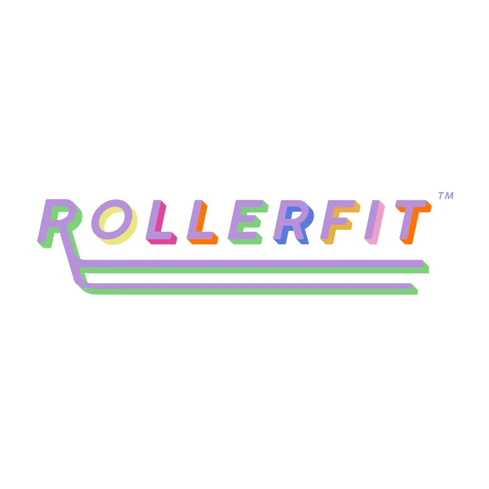 Colorful logo reading 'ROLLERFIT' with stylized lines underneath, in pastel purple, green, pink, orange, and yellow.