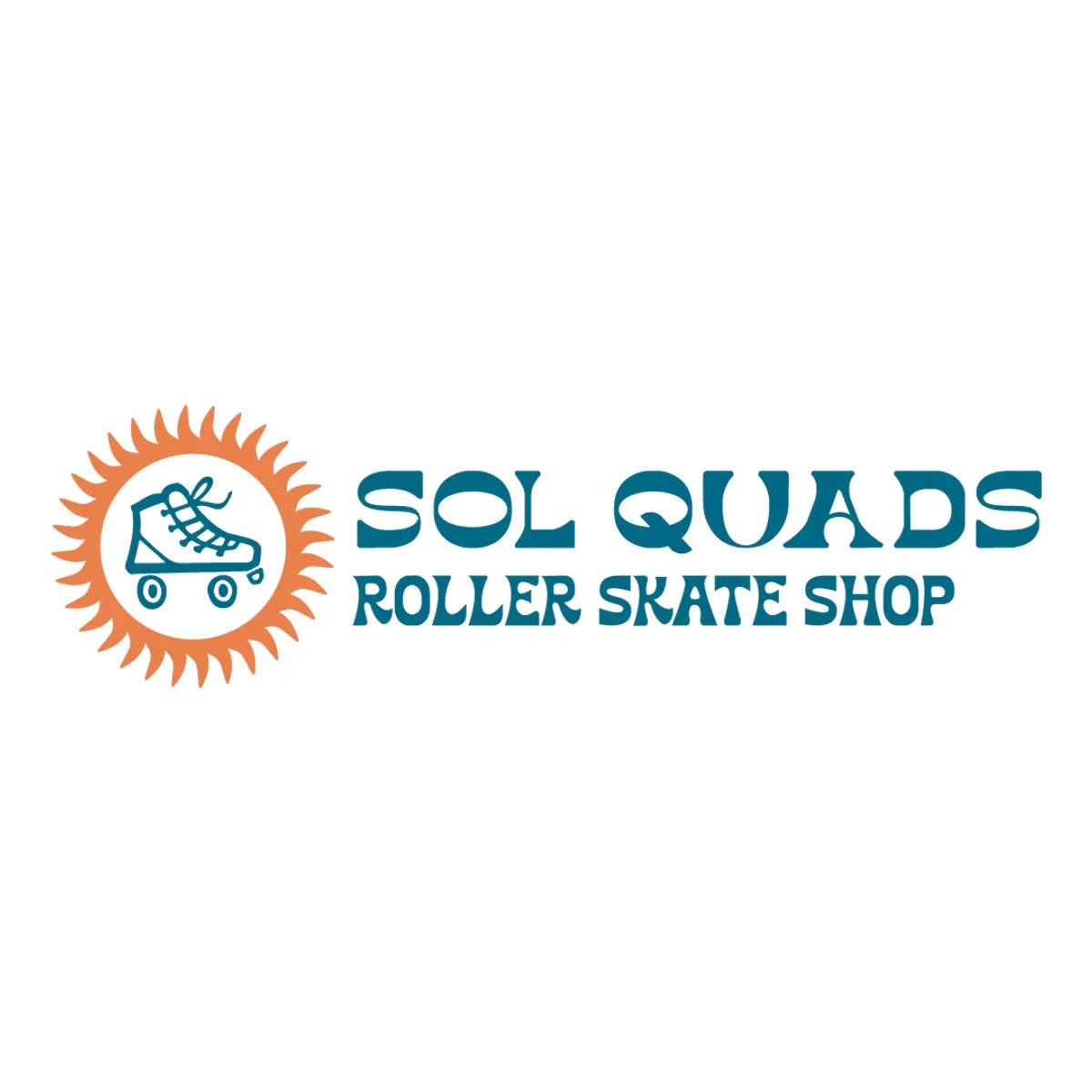 Logo for Sol Quads Roller Skate Shop featuring a roller skate inside a sunburst design and text in blue.