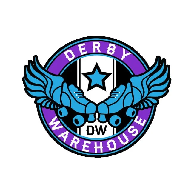 Logo for Derby Warehouse featuring a purple circular border with teal wings and a black star at the center, with the words 'Derby Warehouse' in purple at the top and 'DW' at the bottom.