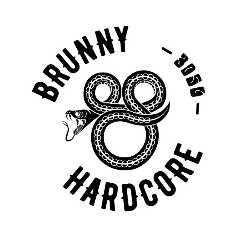 Black and white logo for BruNny Hardcore featuring a stylized snake coiled in the shape of the number 8 with a snake head on the left and surrounding text.