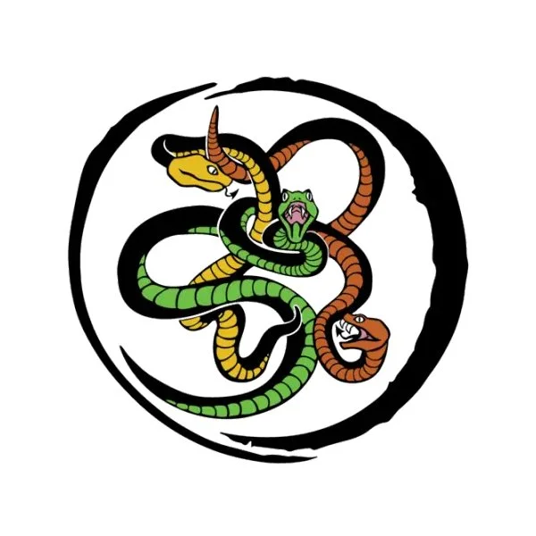 Stylized illustration of snakes intertwined in a circular pattern, each with distinctive colors and expressions.