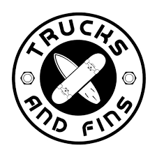 Logo with a circle border reading 'Trucks and Fins', featuring a skateboard with fins inside the circle.