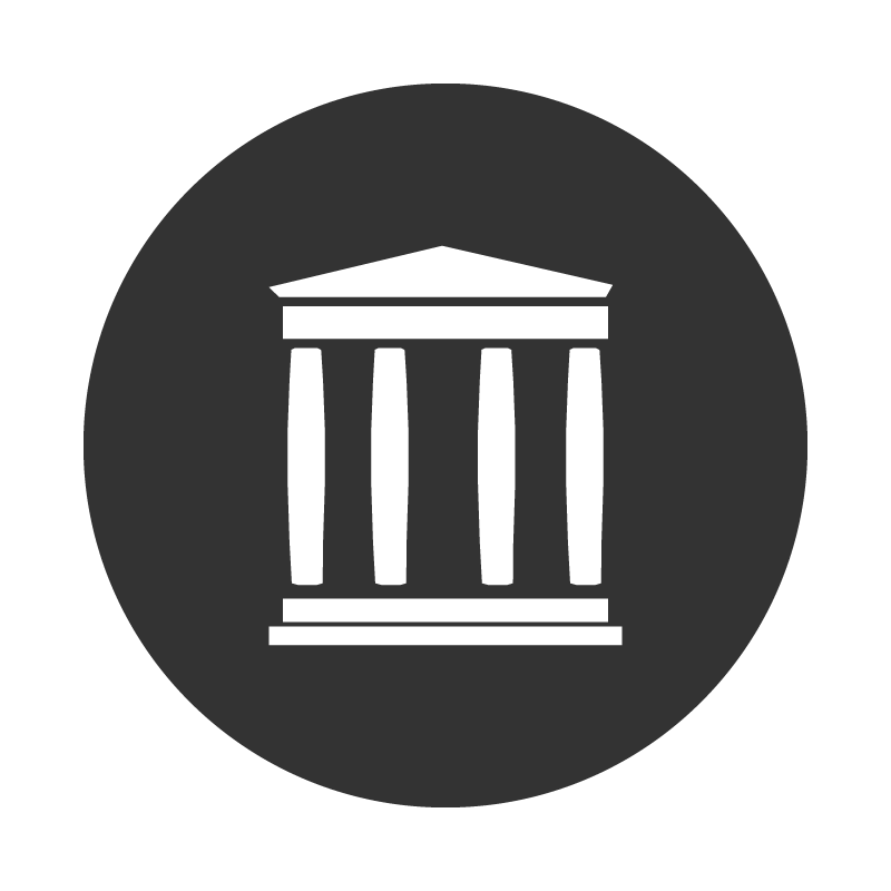 Icon of a classical building with columns, representing a government or museum.