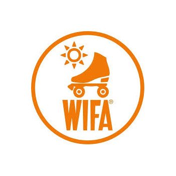 Logo with roller skate, sun symbol, and the text 'WIFA' inside an orange circle.