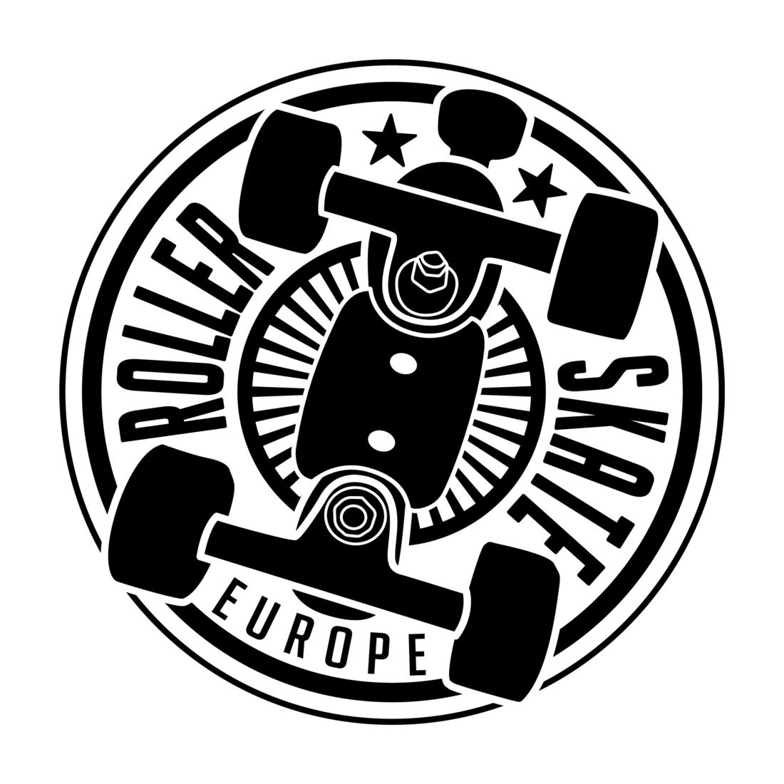 Black and white logo featuring a skateboard centered on a circular background with the words 'ROLLER EUROPE' and 'SKATES' written around, incorporating stars and a skateboard graphic.