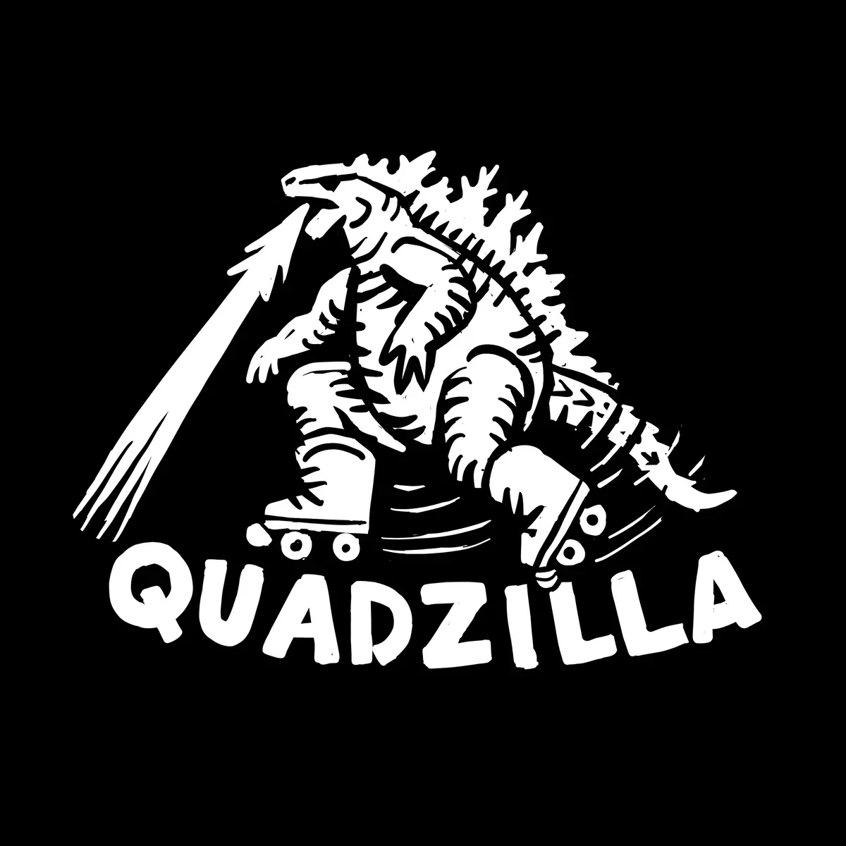 Black and white illustration of a dinosaur wearing roller skates, holding a trident, with the word 'QUADZILLA' written below.