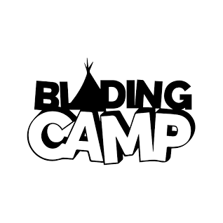 Black and white logo with the text 'Blading Camp' arranged around a stylized tent in the center.