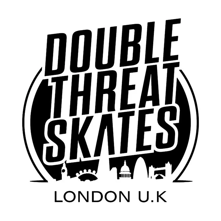 Logo for Double Threat Skates in London, UK, featuring city skyline silhouette and text.