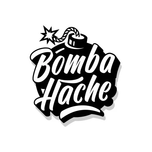 Logo with text 'Bomba Hache' and a cartoon-style bomb with a lit fuse