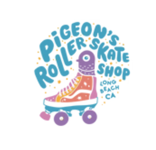 Logo for Pigeon Roller Skates Shop with a colorful cartoon roller skate and text indicating it is located in Long Beach, CA.