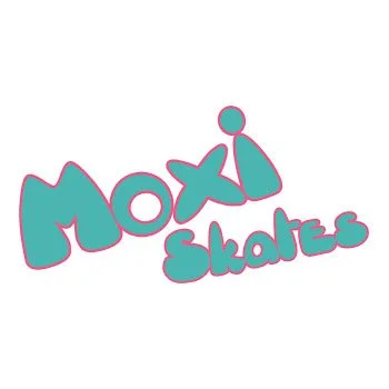 Logo with the words 'Moxi Skates' in playful turquoise font with pink outline.