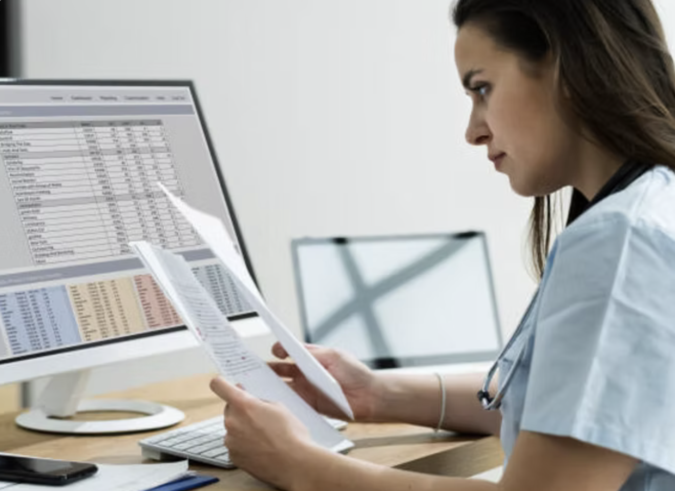 Female healthcare professional reviewing medical data on paper and computer screen.