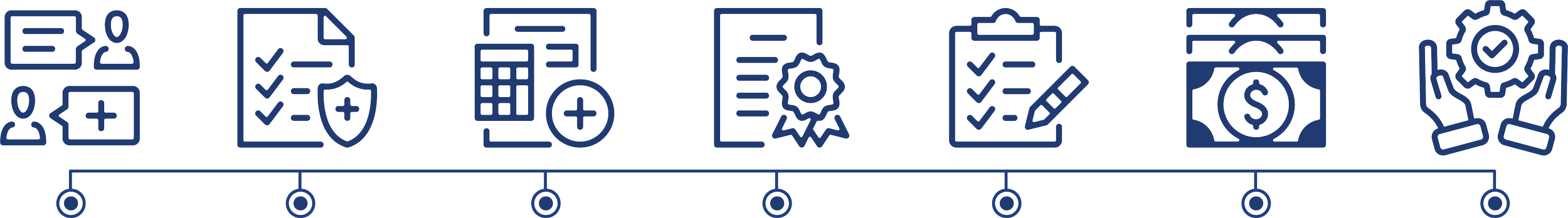 Line of seven icons representing various financial and healthcare concepts, including user profiles, documents with checkmarks, calculators, certificates, financial documents, money stacks, and gears with a checkmark.