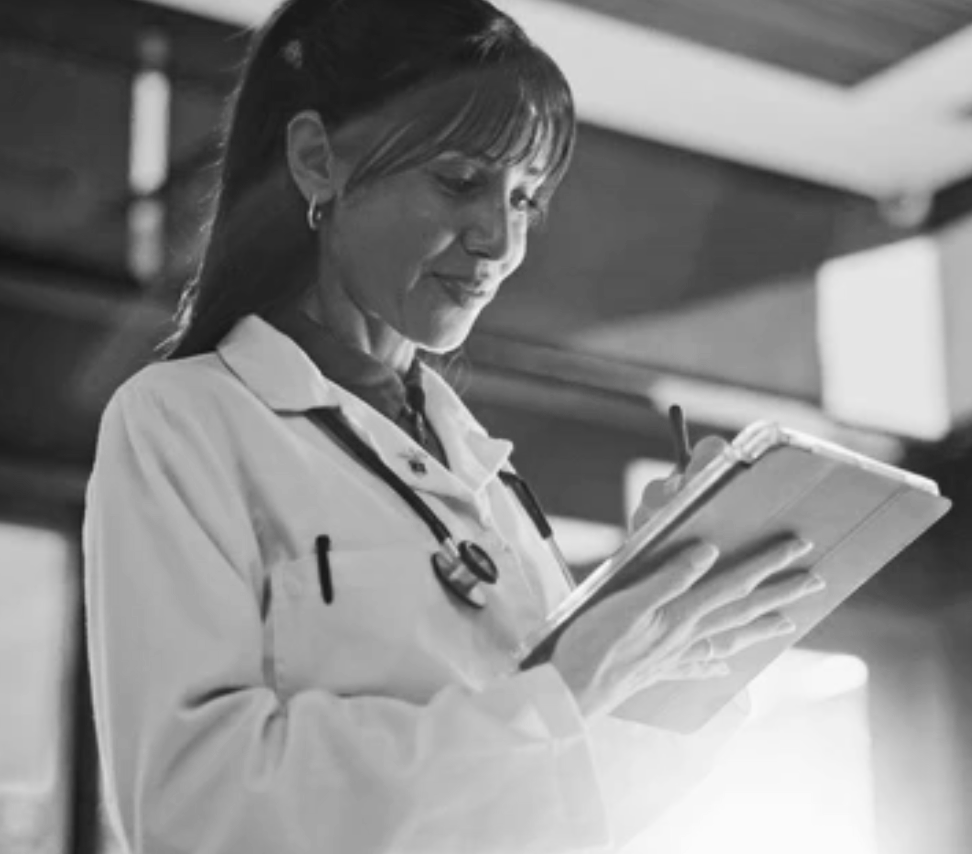 Black and white photo of a female healthcare professional in a white coat writing on a notepad with a pen, wearing a stethoscope around her neck.